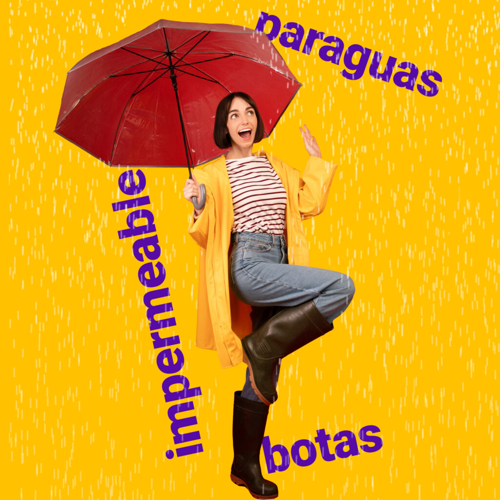 Mujer con impermeable paragüas y botas para la lluvia